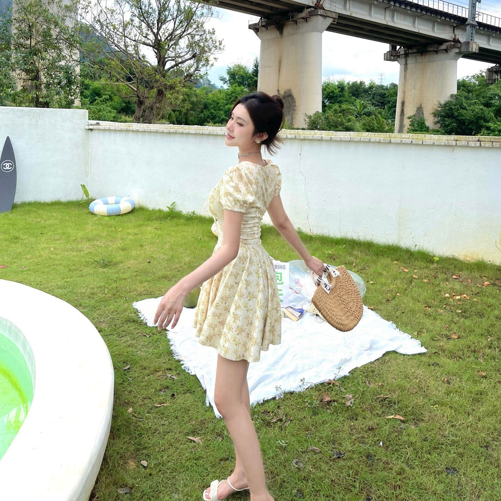 Sweet French Autumn Floral V-neck Dress