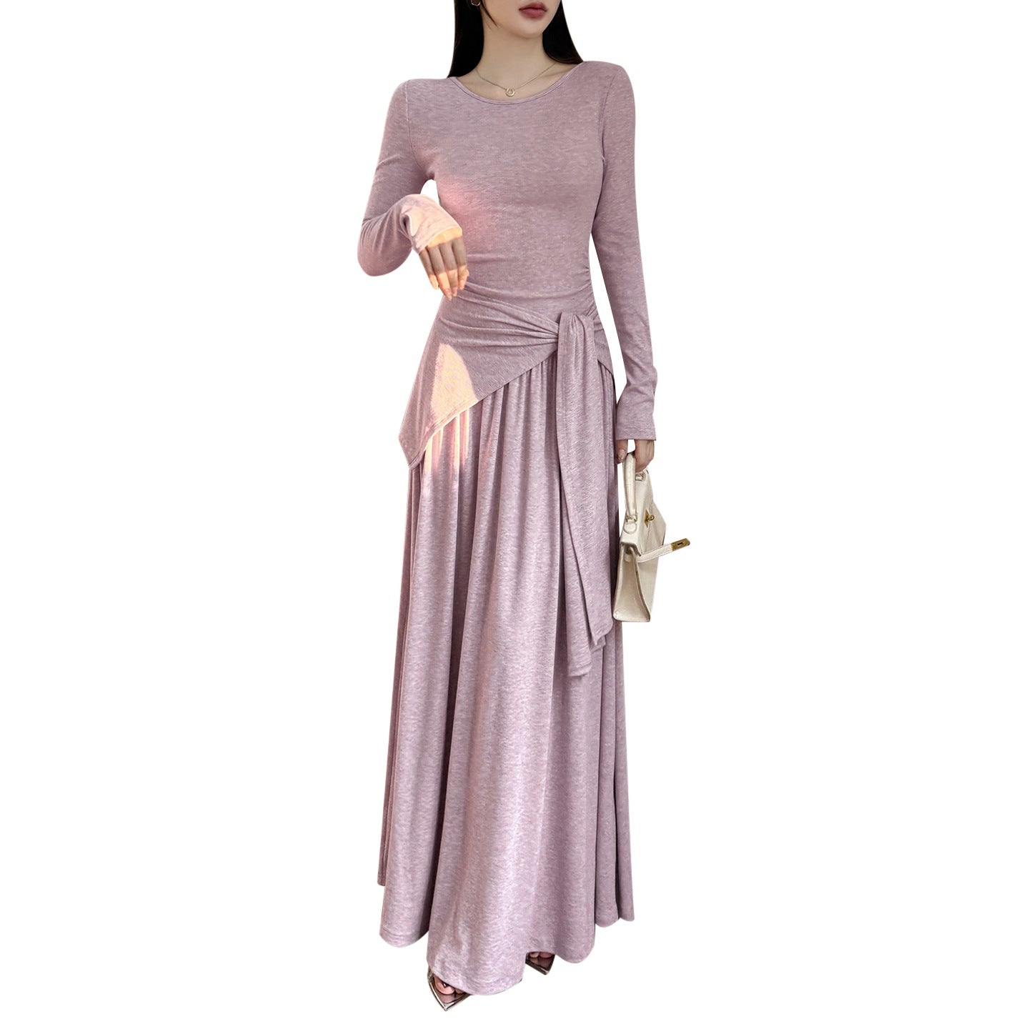 Waist up long sleeved simple lazy style big swing dress