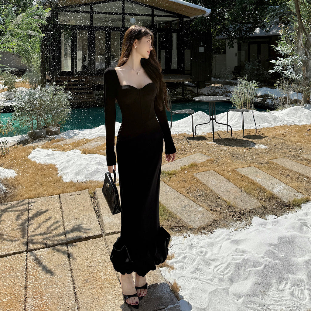 Long sleeved floral bud sexy waist design dress