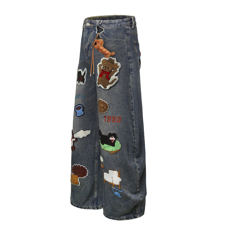 Vintage Cartoon Towel Embroidery Washed Knife-Edge Jeans Men Autumn Pendant Design Loose Wide-Leg Pants