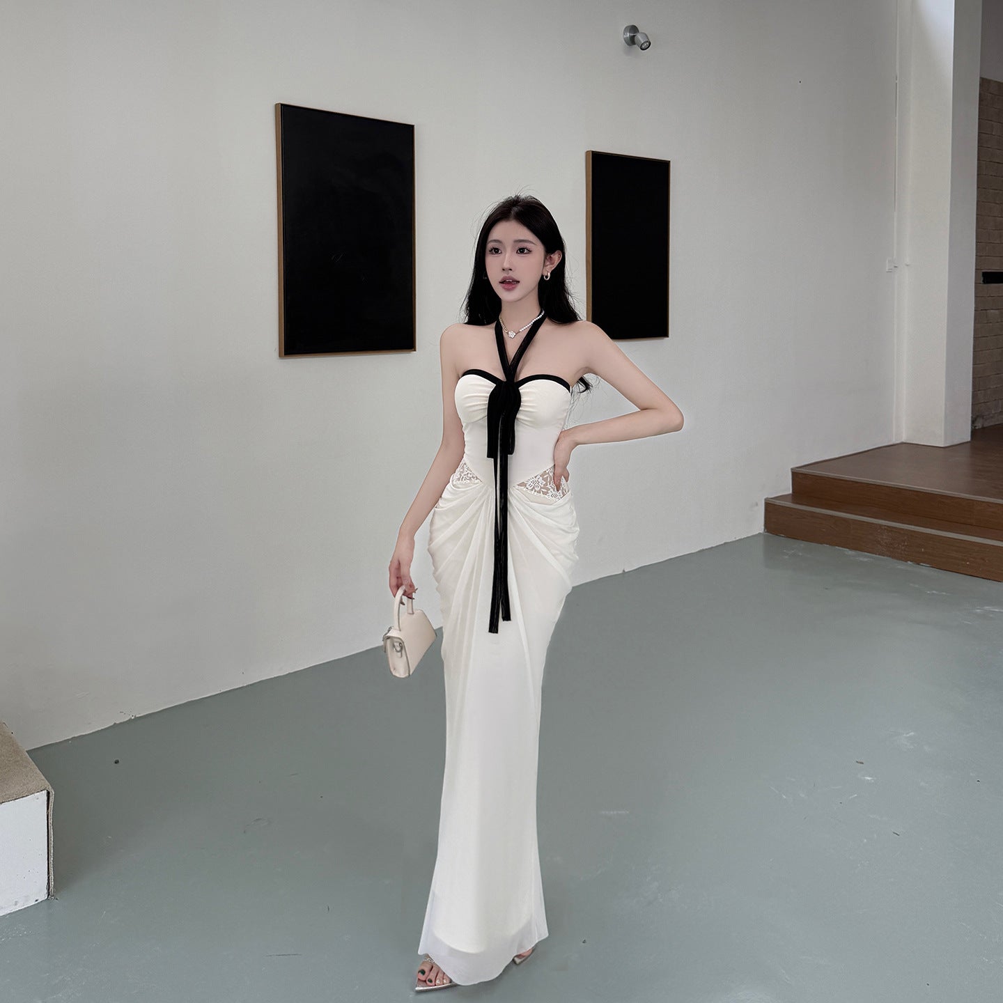 Ribbon French Pure Desire Style Slimming Waist Bag Hip Long Dress