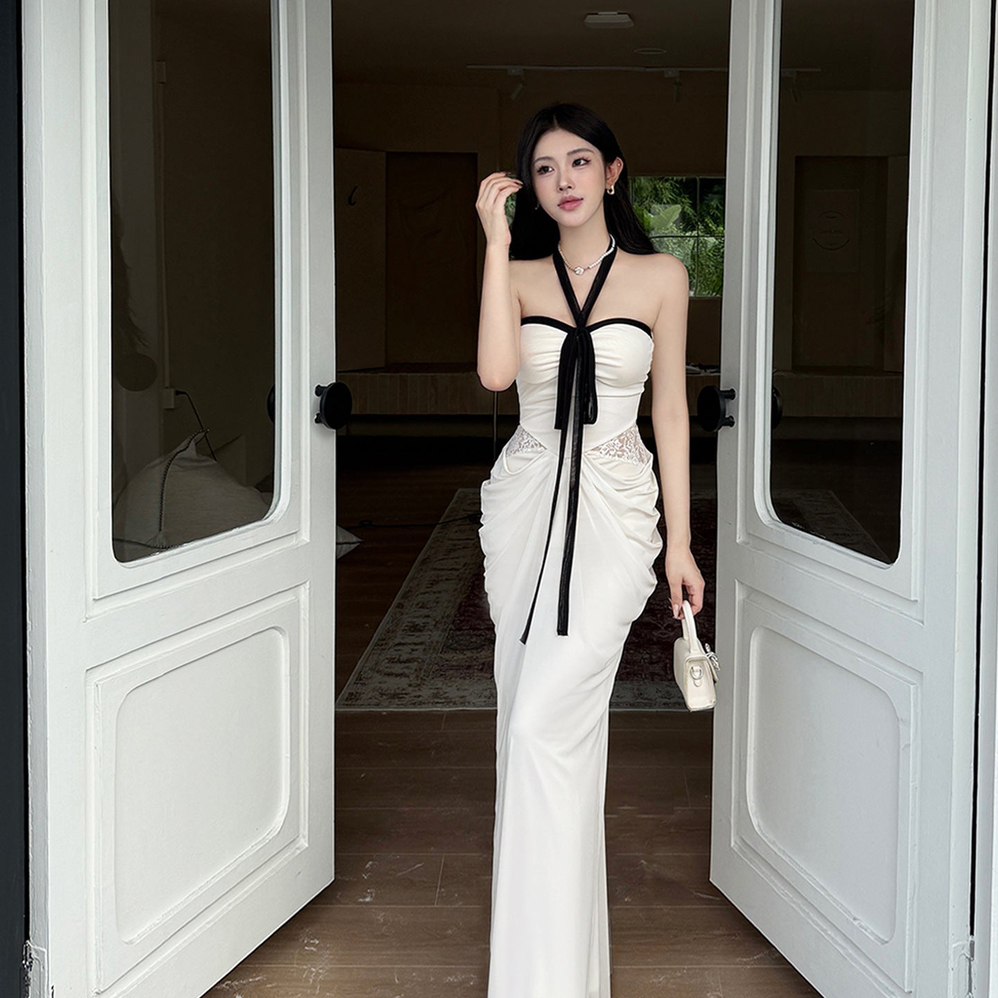 Ribbon French Pure Desire Style Slimming Waist Bag Hip Long Dress