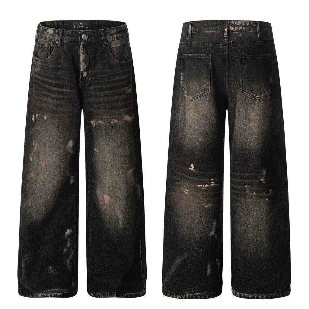 Retro Unisex Trendy Washed Black Splatter Design Men's Loose Wide-Leg Jeans