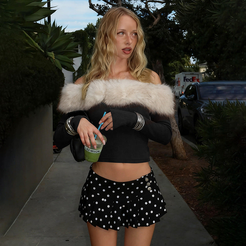 One collar fur patchwork contrasting long sleeved T-shirt top