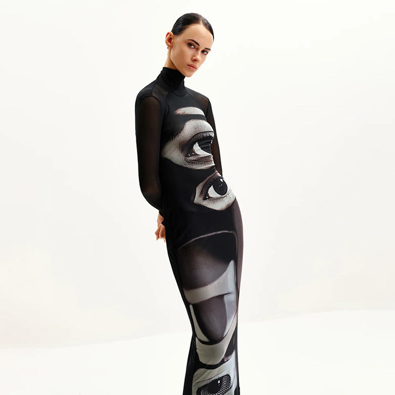 Printed round neck long sleeved mesh double layered long skirt