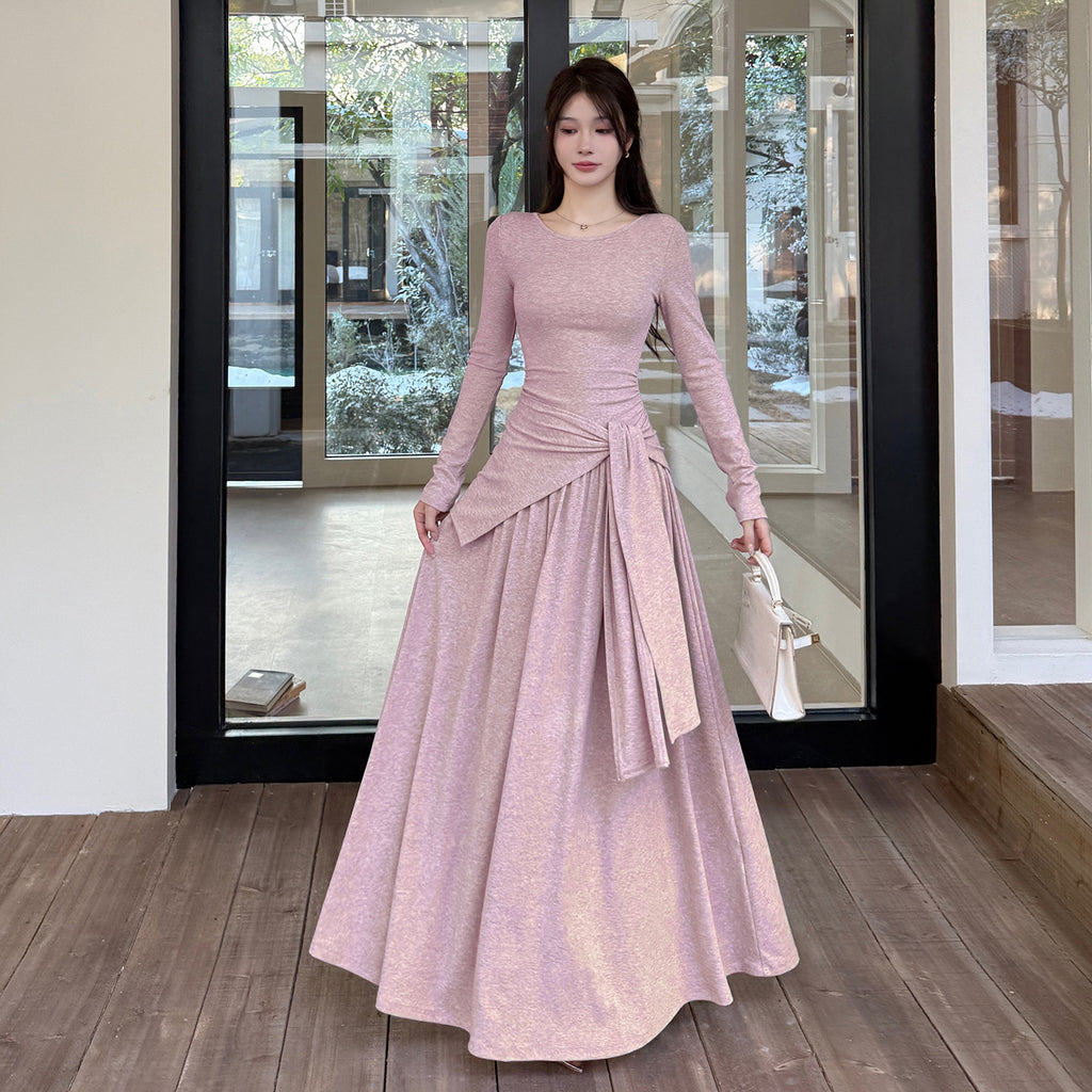 Waist up long sleeved simple lazy style big swing dress