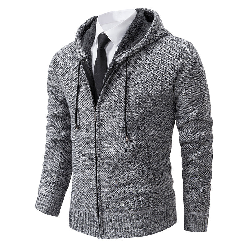 Autumn and winter men's cardigan sweater men's knitted sweater hooded and velvet casual men's knitted jacket