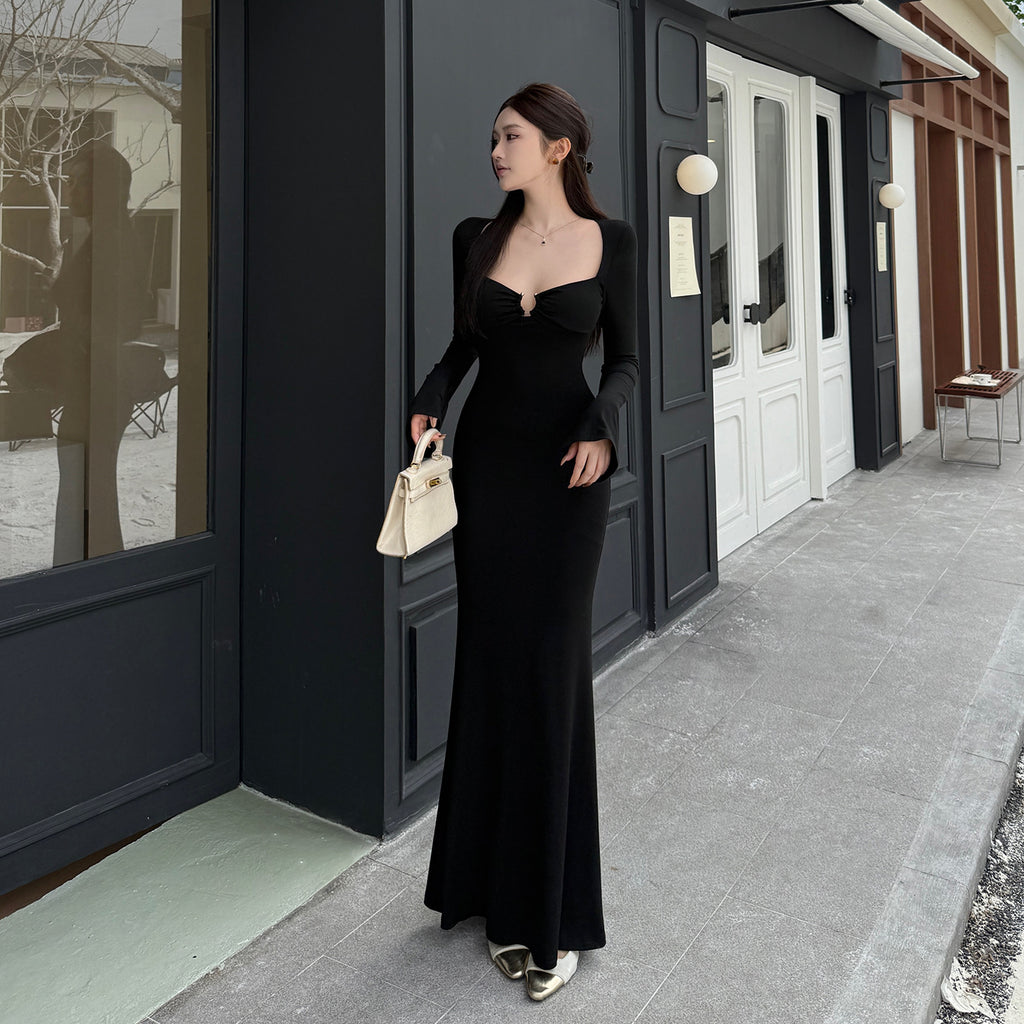 Metal buckle hollow out princess style sexy dress