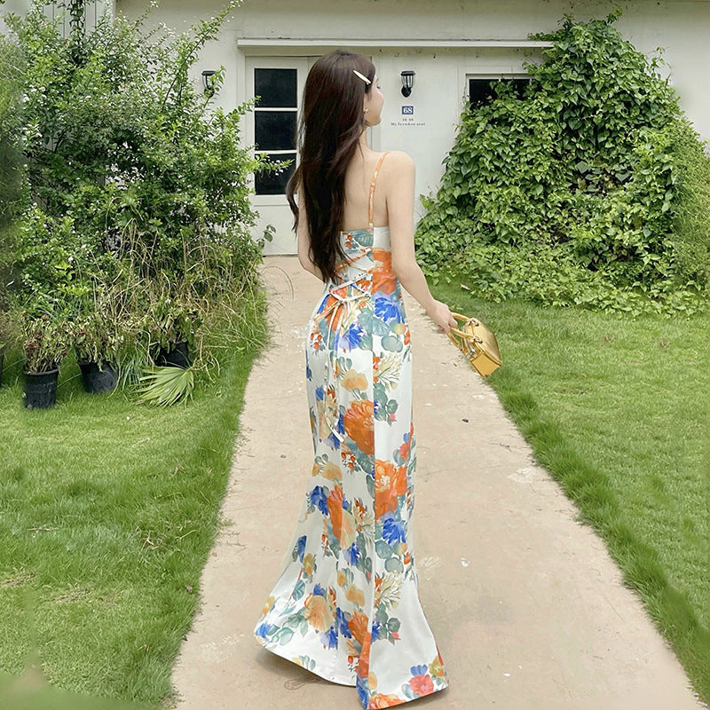 Square collar pleated waistband camisole French pleated dress