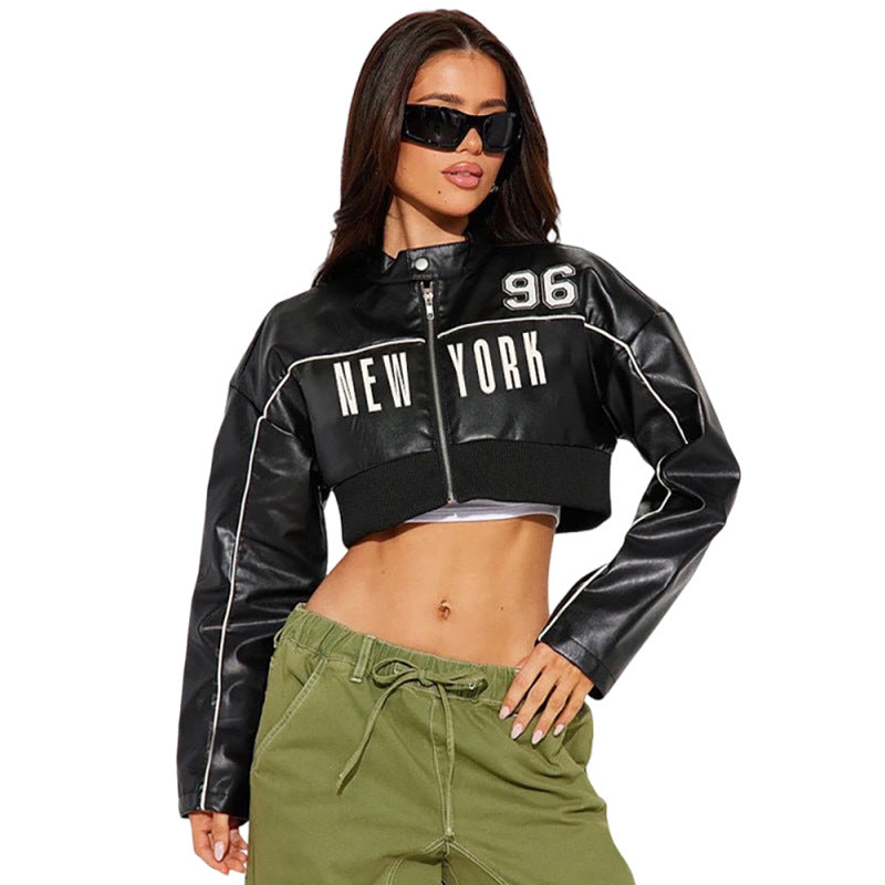 Short zipper leather jacket with printed patchwork for women