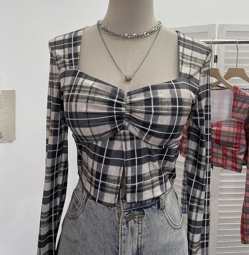 Square Neck Slit Plaid Short Crop Top