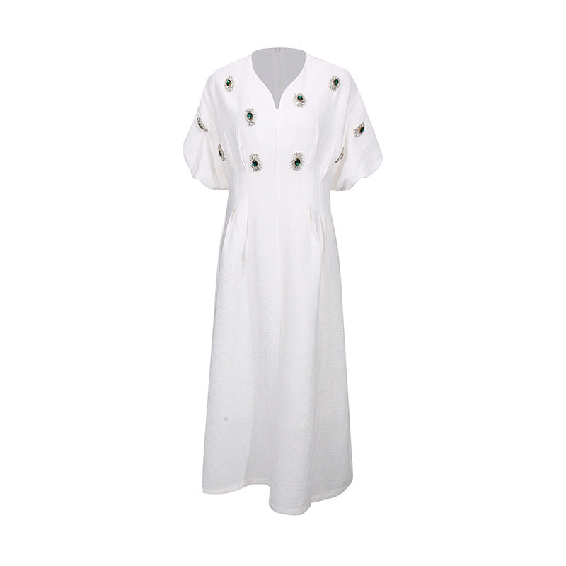 V-neck raglan sleeves with gemstone inlay mid length skirt