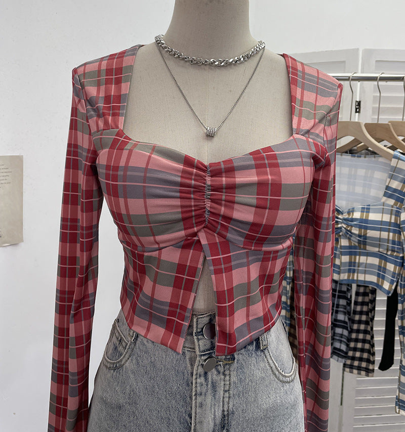 Square Neck Slit Plaid Short Crop Top