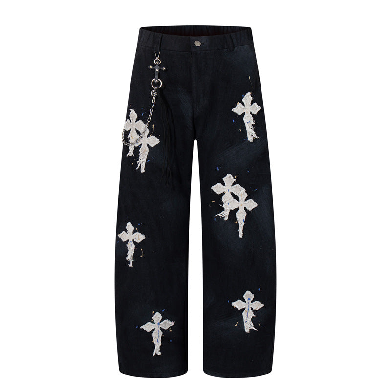 Street Style Luxury Cross Patch Embroidery Color Splatter Hand-painted Straight Leg Hip-hop Loose Jeans