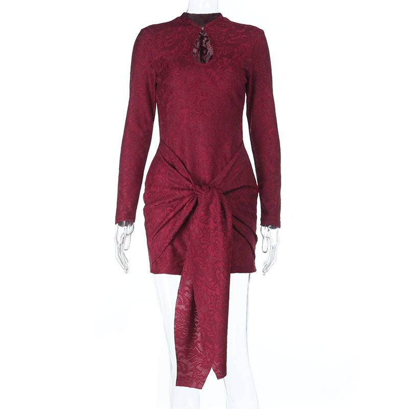 Long sleeved ribbon lace neckline hollow out twisted dress