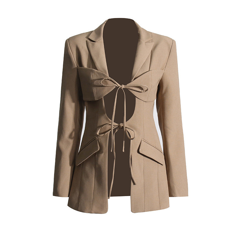 Irregular suit hollowed out lace up suit jacket for women