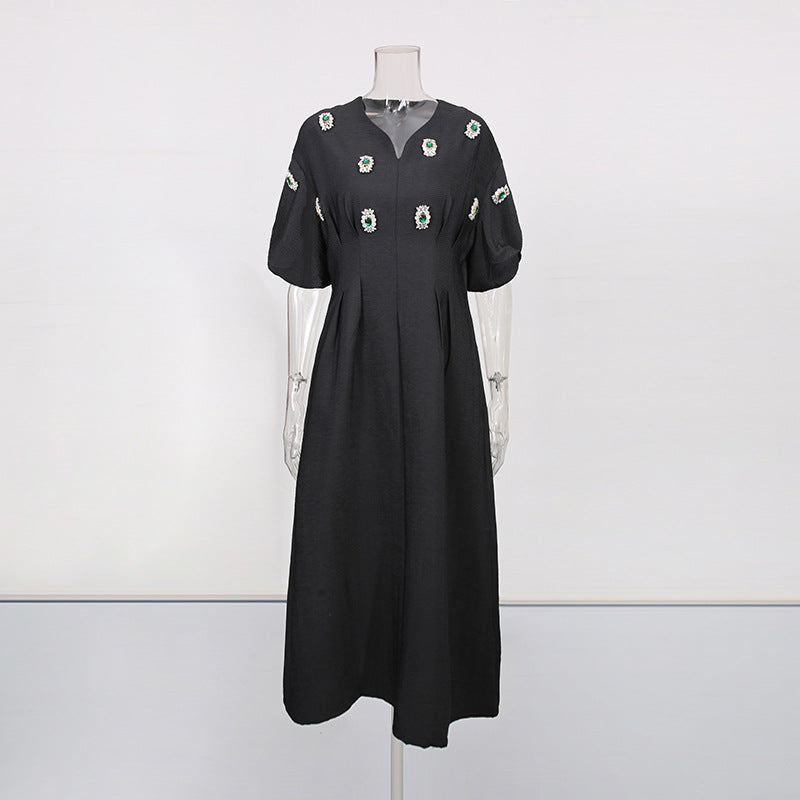 V-neck raglan sleeves with gemstone inlay mid length skirt