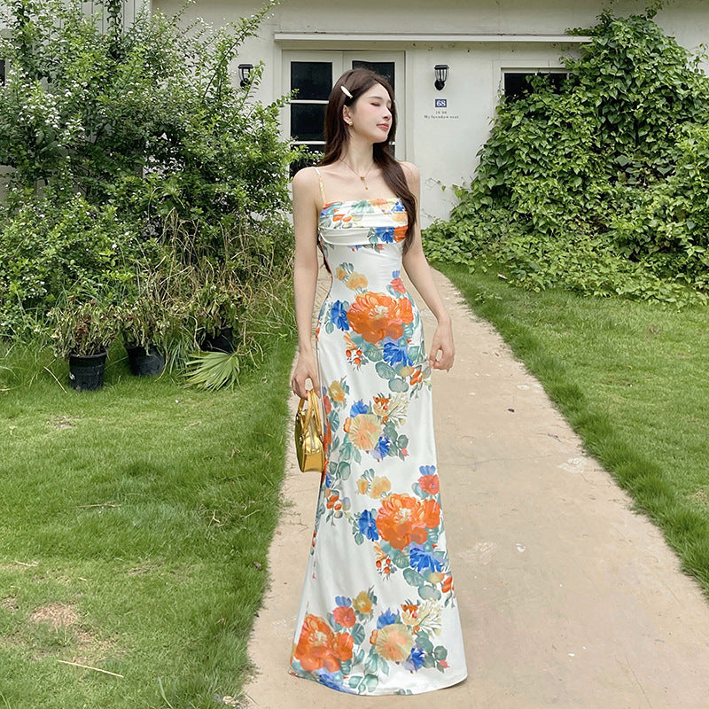 Square collar pleated waistband camisole French pleated dress