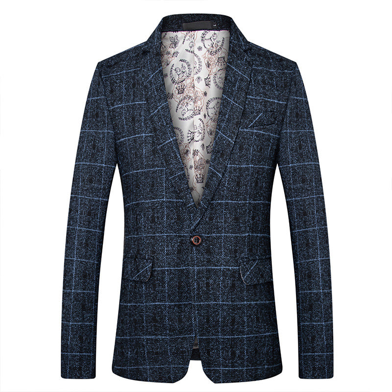 Casual fine grid woolen suit men's slim fit suit jacket