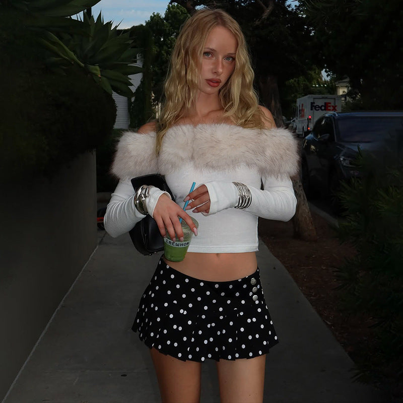 One collar fur patchwork contrasting long sleeved T-shirt top