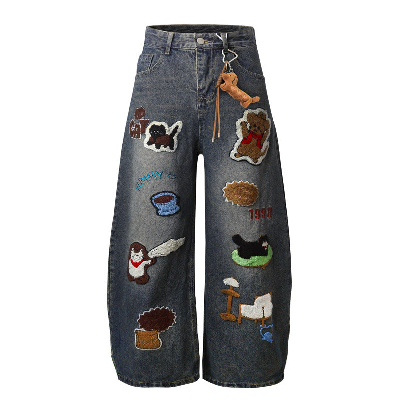 Vintage Cartoon Towel Embroidery Washed Knife-Edge Jeans Men Autumn Pendant Design Loose Wide-Leg Pants