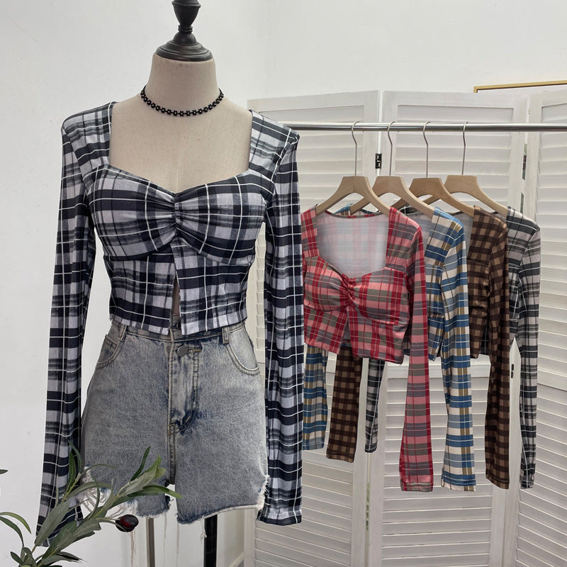 Square Neck Slit Plaid Short Crop Top
