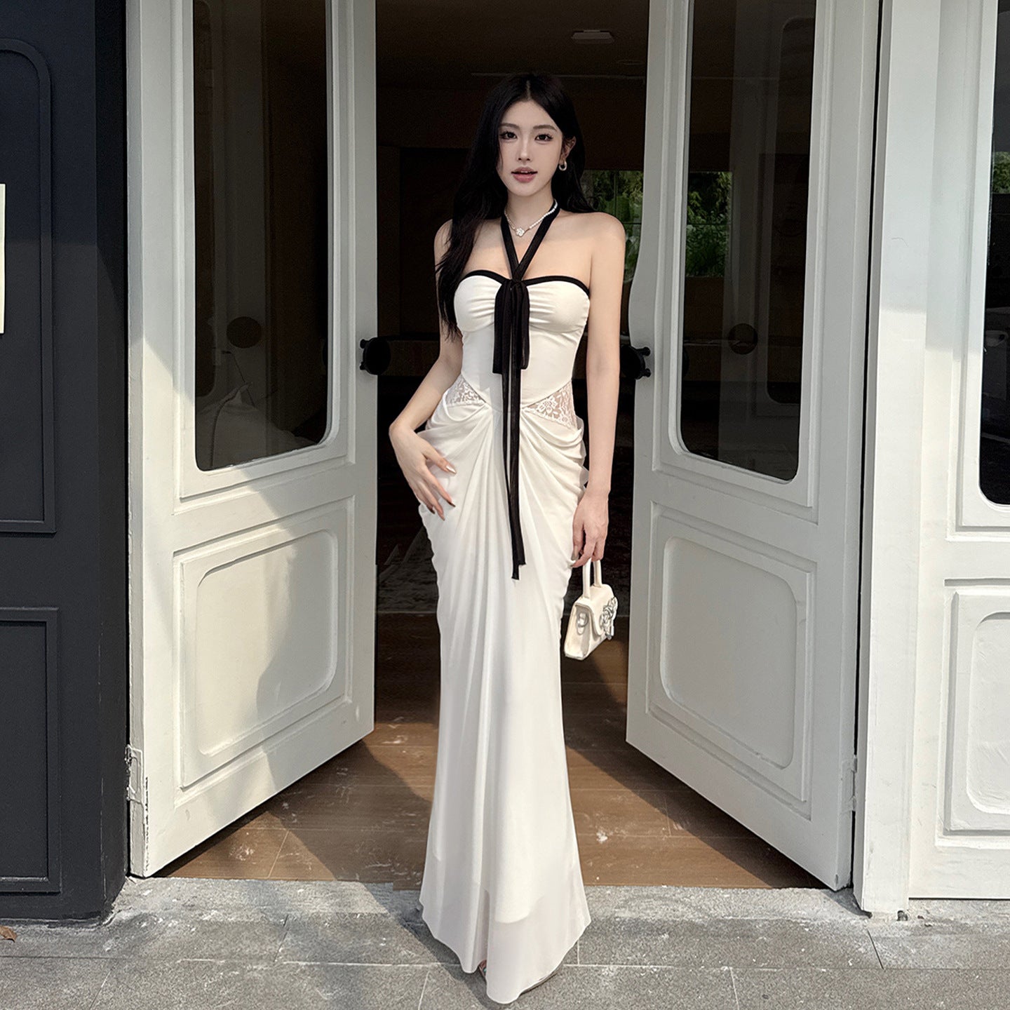 Ribbon French Pure Desire Style Slimming Waist Bag Hip Long Dress