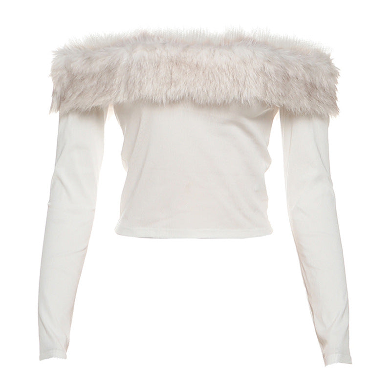 One collar fur patchwork contrasting long sleeved T-shirt top
