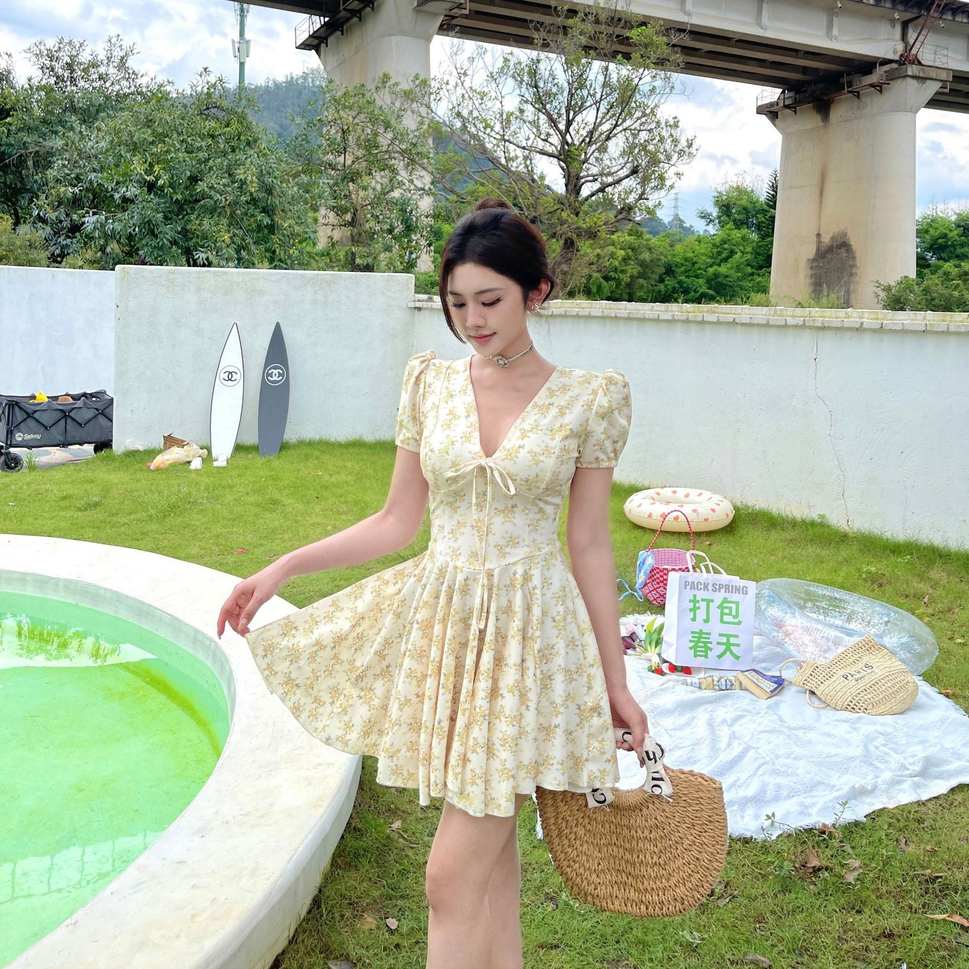 Sweet French Autumn Floral V-neck Dress