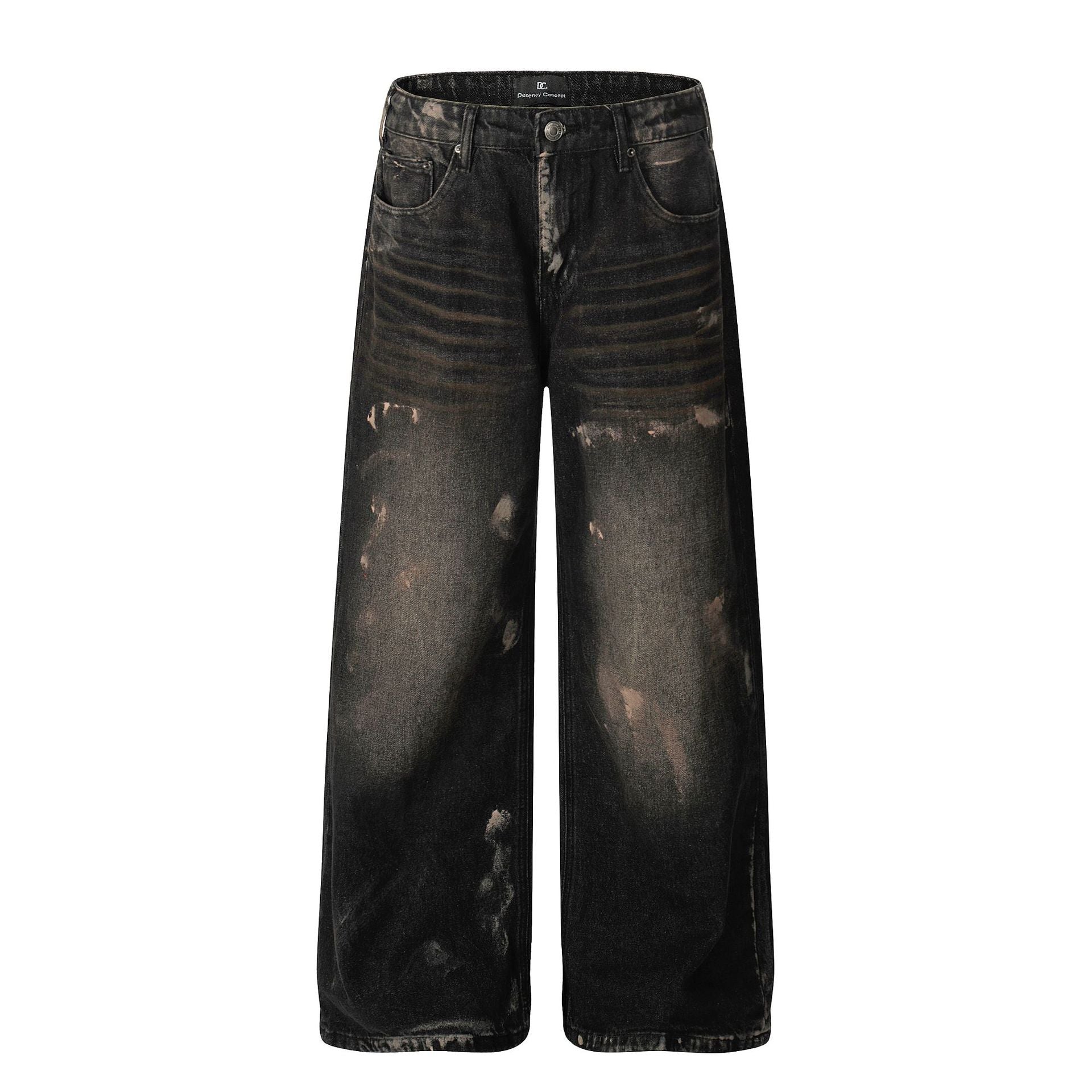 Retro Unisex Trendy Washed Black Splatter Design Men's Loose Wide-Leg Jeans