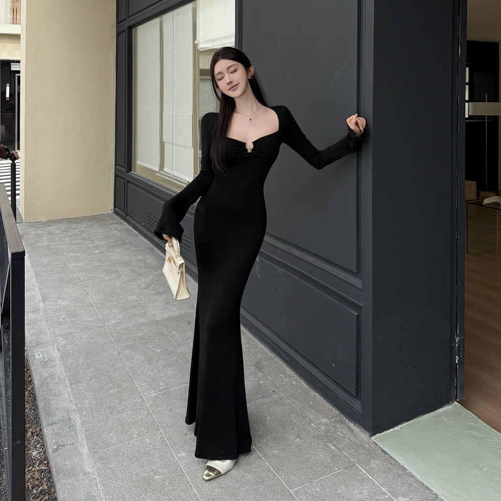 Metal buckle hollow out princess style sexy dress