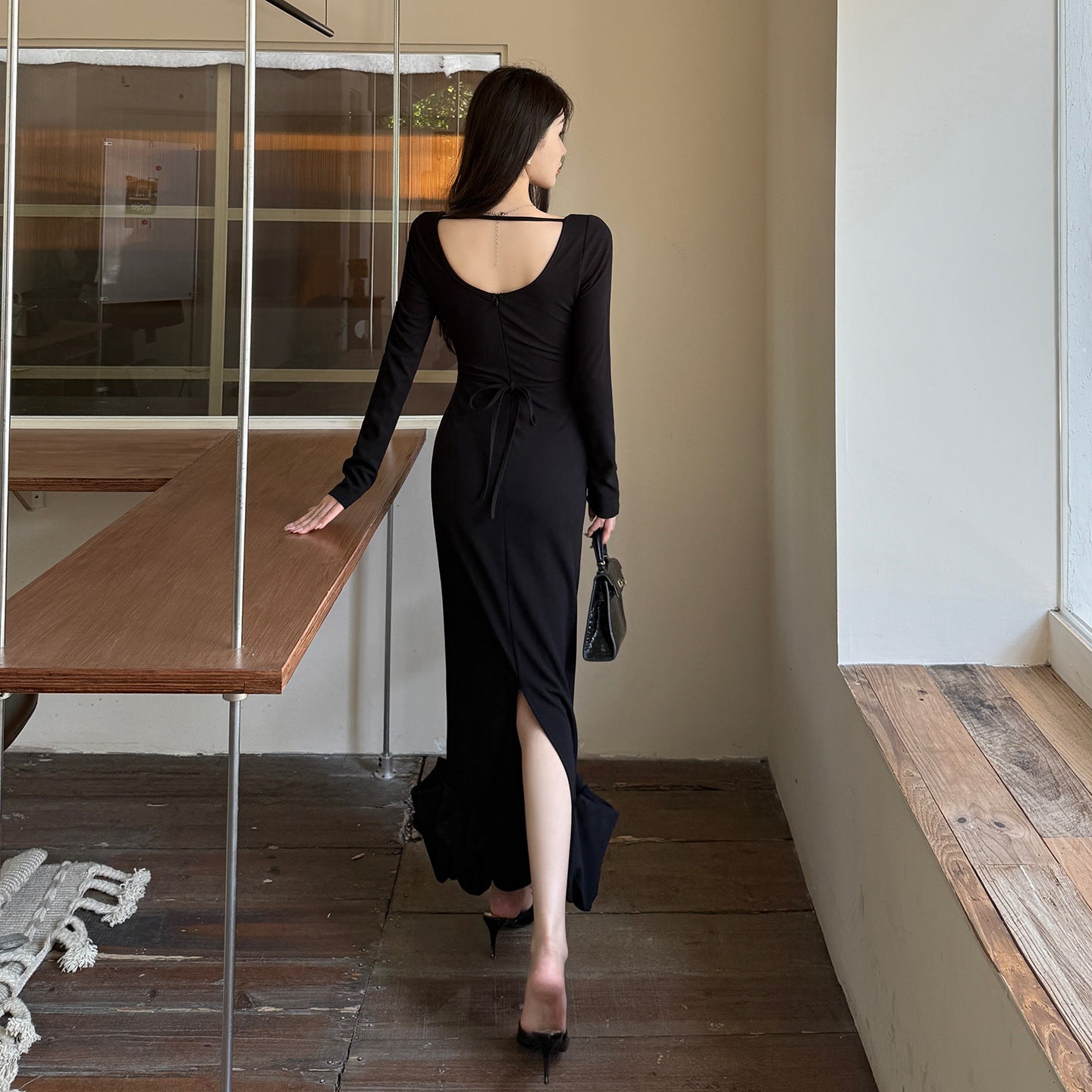 Long sleeved floral bud sexy waist design dress