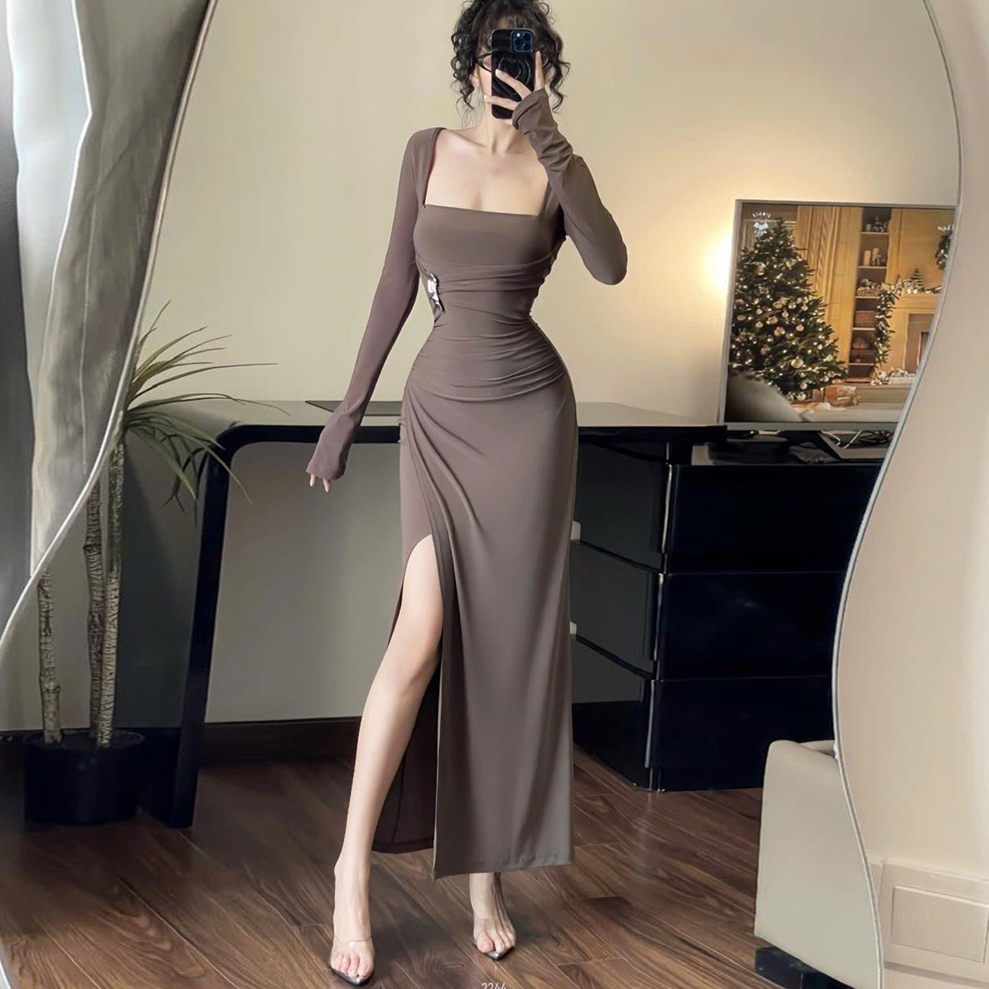 Square neck metal long sleeved dress for women