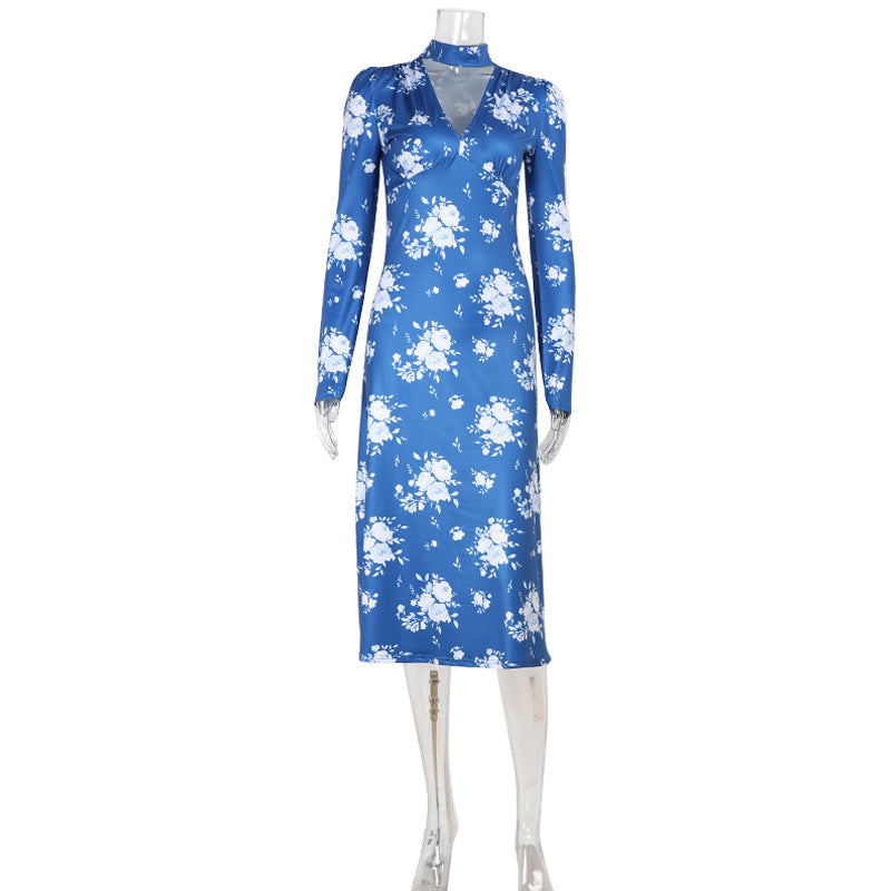 V-neck long sleeved waist slimming blue floral dress for women