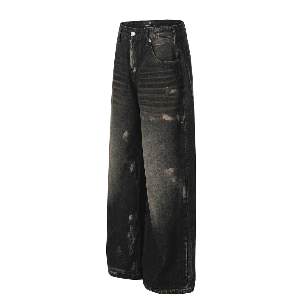 Retro Unisex Trendy Washed Black Splatter Design Men's Loose Wide-Leg Jeans