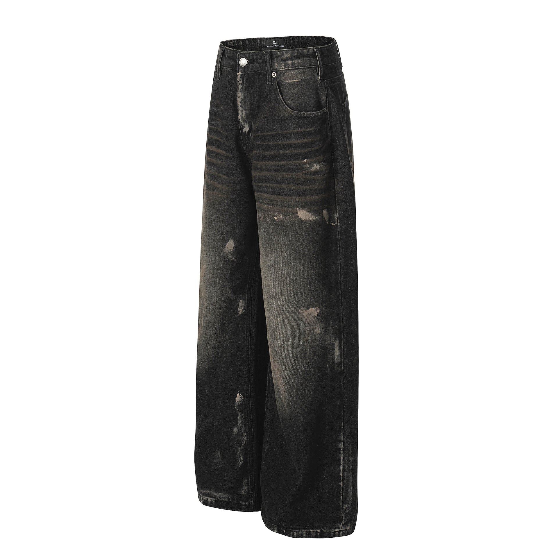 Retro Unisex Trendy Washed Black Splatter Design Men's Loose Wide-Leg Jeans
