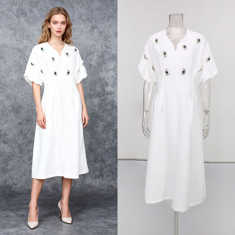 V-neck raglan sleeves with gemstone inlay mid length skirt