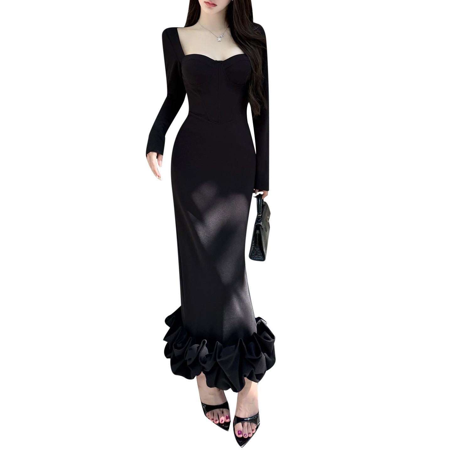 Long sleeved floral bud sexy waist design dress