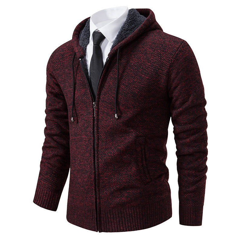 Autumn and winter men's cardigan sweater men's knitted sweater hooded and velvet casual men's knitted jacket