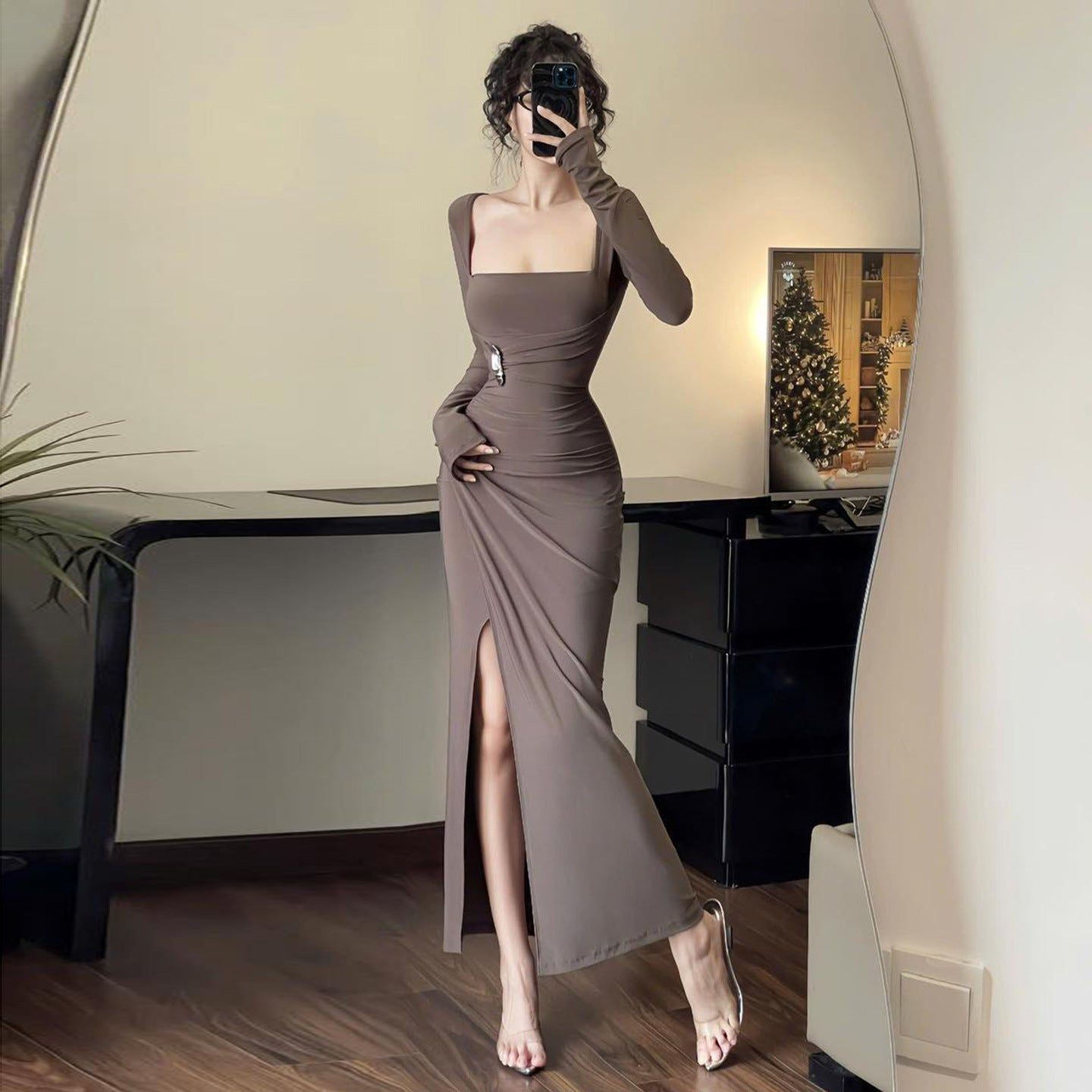 Square neck metal long sleeved dress for women