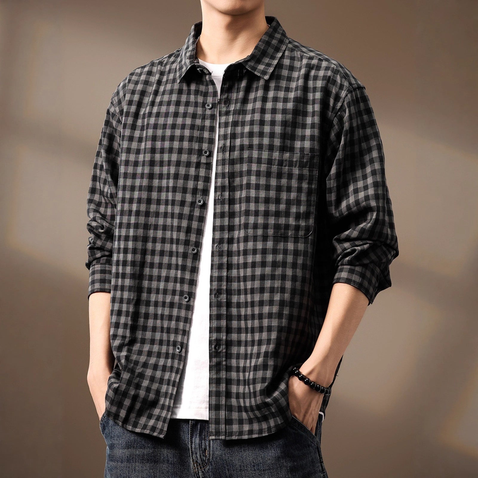 High-end Tencel Woven Plaid Shirt Men's Loose Casual Versatile Workwear Shirt Jacket