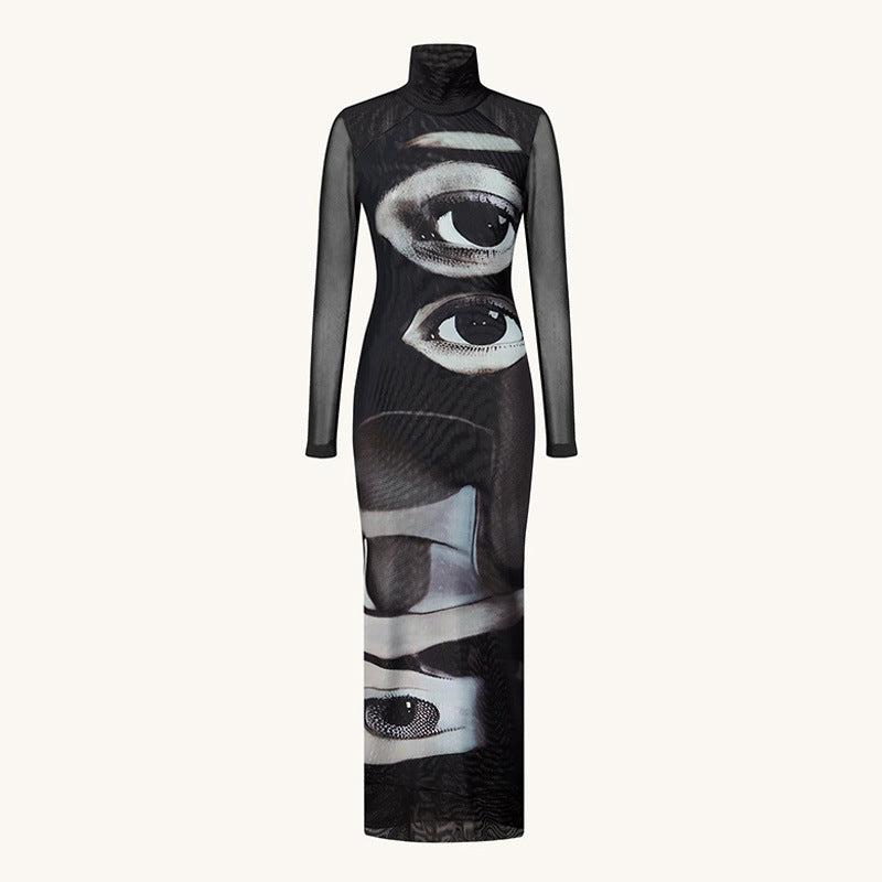 Printed round neck long sleeved mesh double layered long skirt