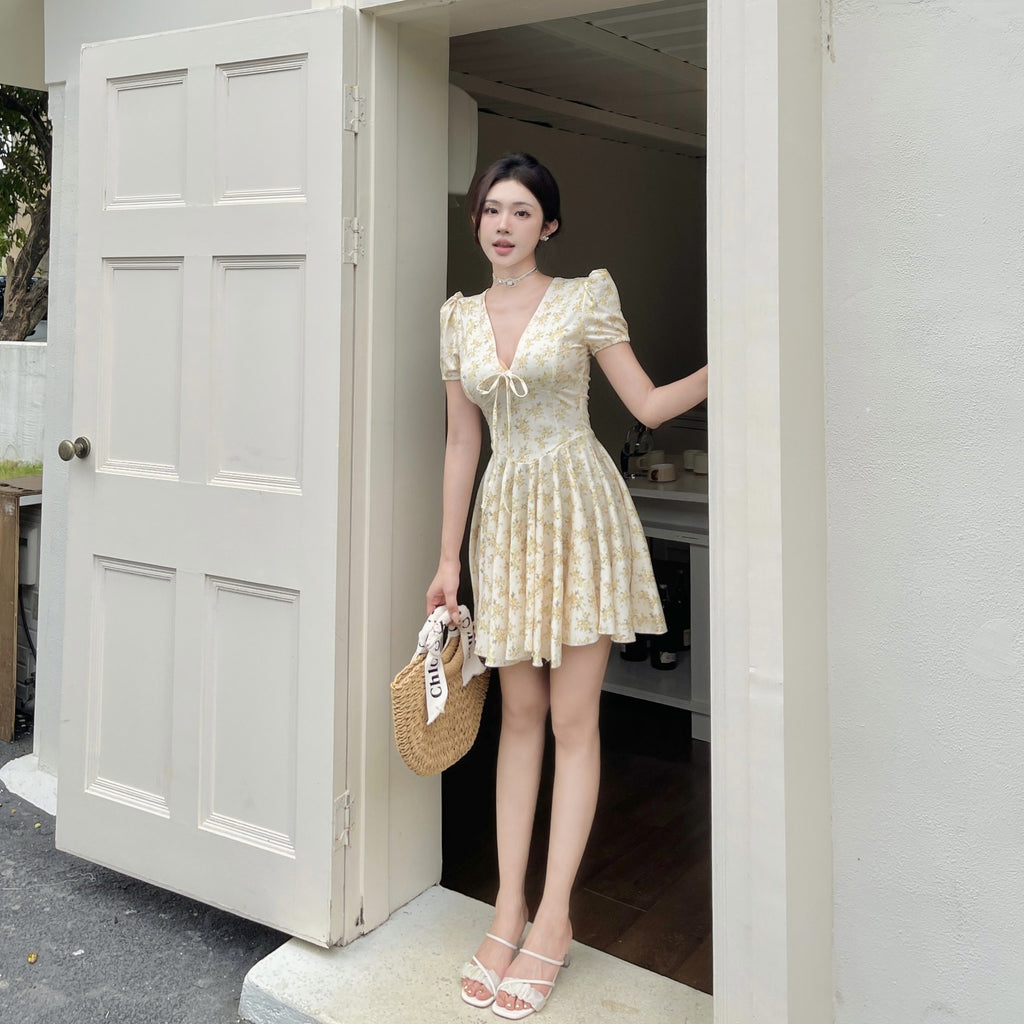 Sweet French Autumn Floral V-neck Dress