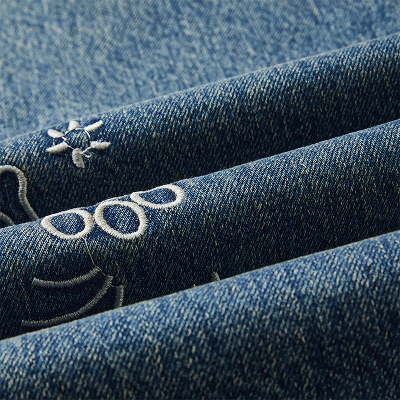 Dog Embroidered Wide Leg Jeans