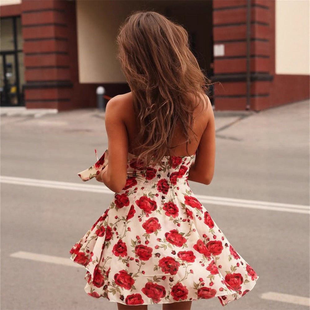 Printed neck hanging backless waist cinching dress