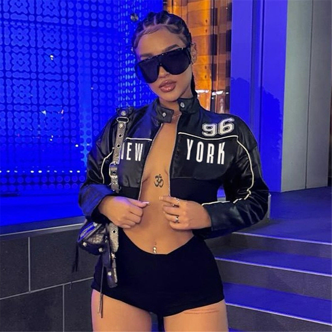 Short zipper leather jacket with printed patchwork for women