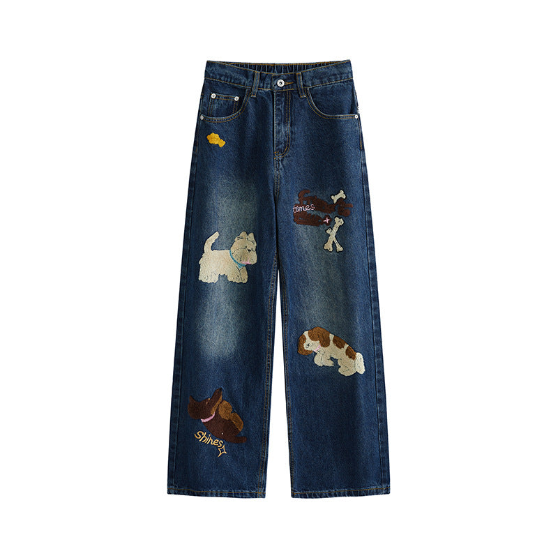 Puppy patchwork embroidered washed denim jeans