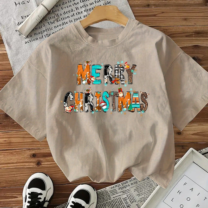 Cotton Women's Short Sleeve Fashion Style Top American Christmas Letter New Arrival