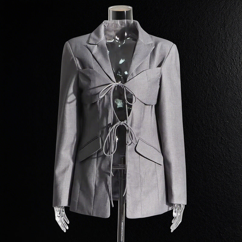 Irregular suit hollowed out lace up suit jacket for women