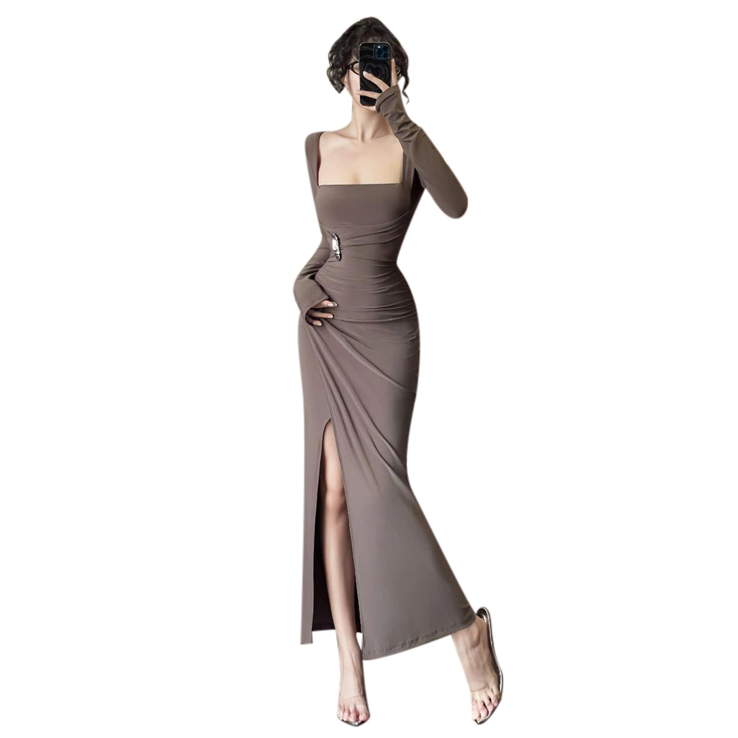 Square neck metal long sleeved dress for women